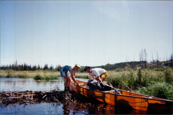 Steven with his sister on a beaver dam on some bog swamp creek thing in the muskeg.
